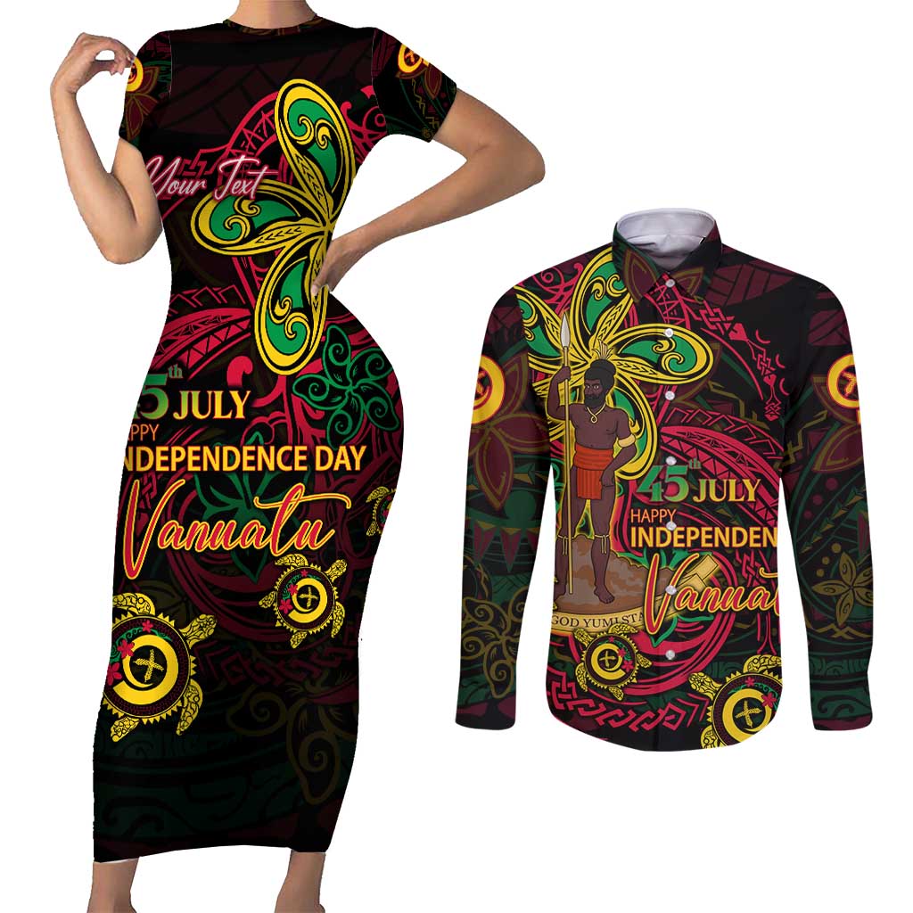 Custom Vanuatu 45th Independence Anniversary Couples Matching Short Sleeve Bodycon Dress and Long Sleeve Button Shirt Flower Melanesian Namele Turtle DT02 Black - Polynesian Pride