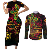 Custom Vanuatu 45th Independence Anniversary Couples Matching Short Sleeve Bodycon Dress and Long Sleeve Button Shirt Flower Melanesian Namele Turtle DT02 Black - Polynesian Pride
