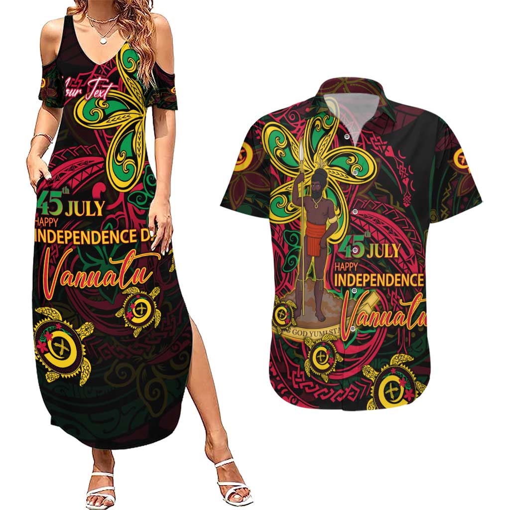 Custom Vanuatu 45th Independence Anniversary Couples Matching Summer Maxi Dress and Hawaiian Shirt Flower Melanesian Namele Turtle DT02 Black - Polynesian Pride