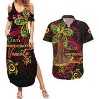 Custom Vanuatu 45th Independence Anniversary Couples Matching Summer Maxi Dress and Hawaiian Shirt Flower Melanesian Namele Turtle DT02 Black - Polynesian Pride