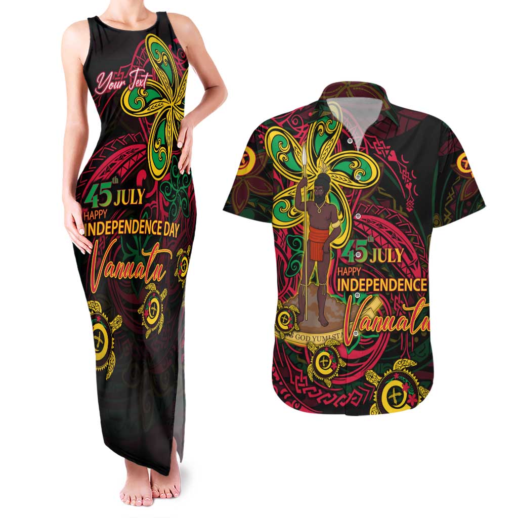 Custom Vanuatu 45th Independence Anniversary Couples Matching Tank Maxi Dress and Hawaiian Shirt Flower Melanesian Namele Turtle DT02 Black - Polynesian Pride