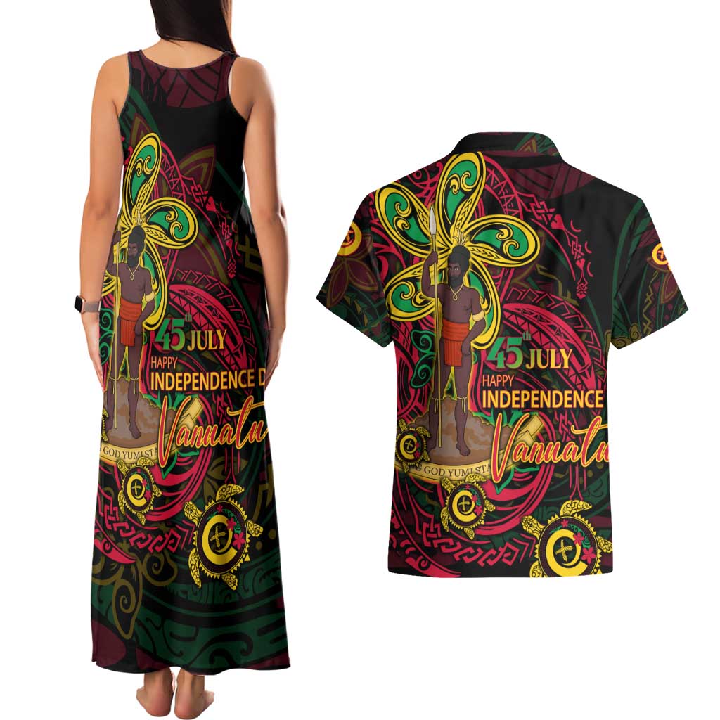 Custom Vanuatu 45th Independence Anniversary Couples Matching Tank Maxi Dress and Hawaiian Shirt Flower Melanesian Namele Turtle DT02 - Polynesian Pride