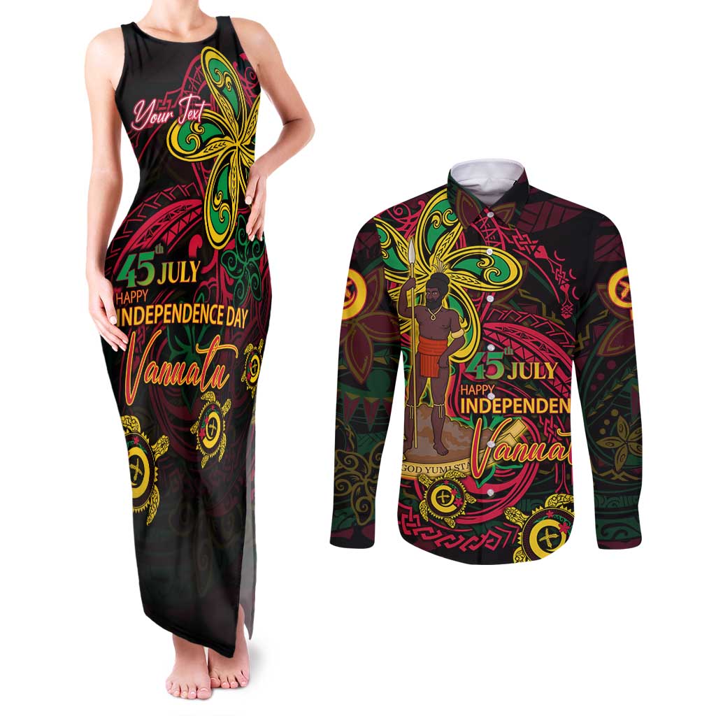 Custom Vanuatu 45th Independence Anniversary Couples Matching Tank Maxi Dress and Long Sleeve Button Shirt Flower Melanesian Namele Turtle DT02 Black - Polynesian Pride