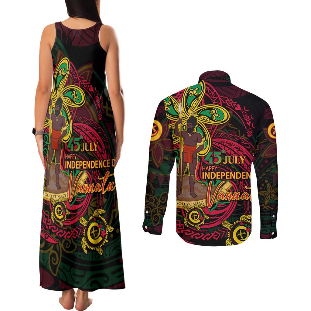 Custom Vanuatu 45th Independence Anniversary Couples Matching Tank Maxi Dress and Long Sleeve Button Shirt Flower Melanesian Namele Turtle DT02 - Polynesian Pride