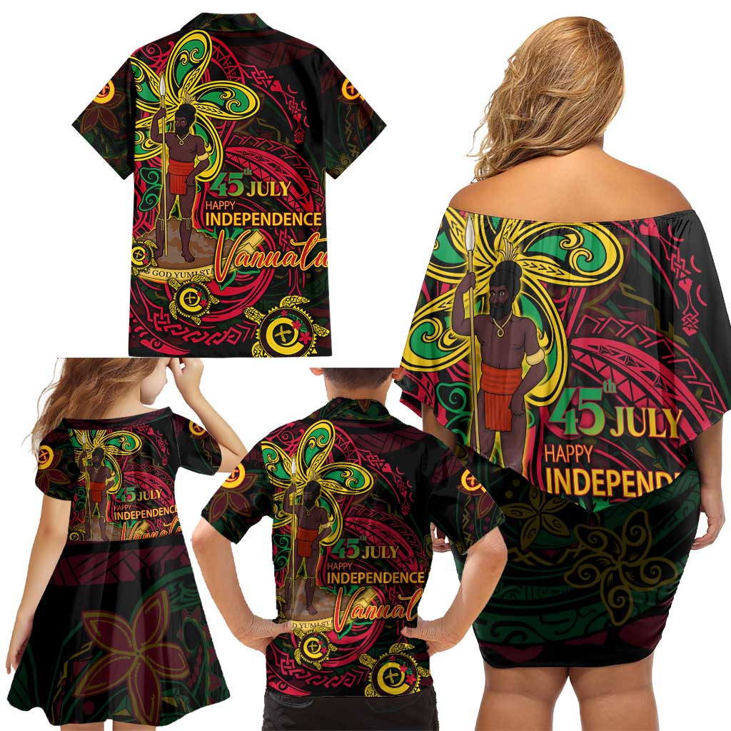 Custom Vanuatu 45th Independence Anniversary Family Matching Off Shoulder Short Dress and Hawaiian Shirt Flower Melanesian Namele Turtle - Polynesian Pride