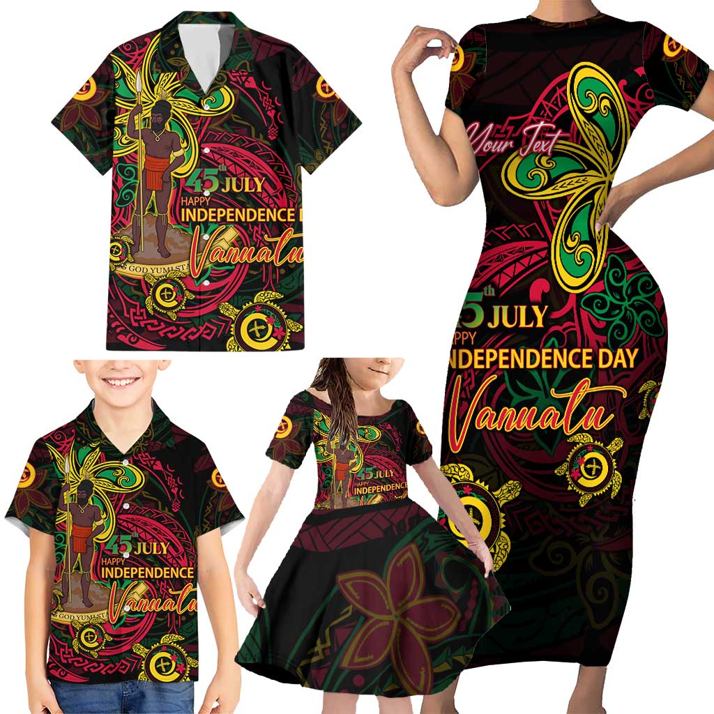 Custom Vanuatu 45th Independence Anniversary Family Matching Short Sleeve Bodycon Dress and Hawaiian Shirt Flower Melanesian Namele Turtle DT02 - Polynesian Pride