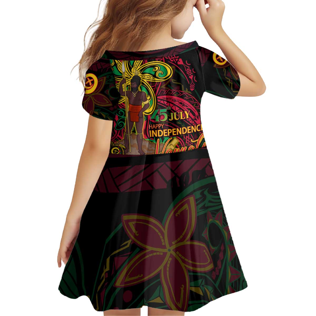 Custom Vanuatu 45th Independence Anniversary Kid Short Sleeve Dress Flower Melanesian Namele Turtle - Polynesian Pride