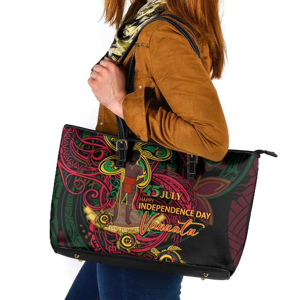 Vanuatu 45th Independence Anniversary Leather Tote Bag Flower Melanesian Namele Turtle - Polynesian Pride