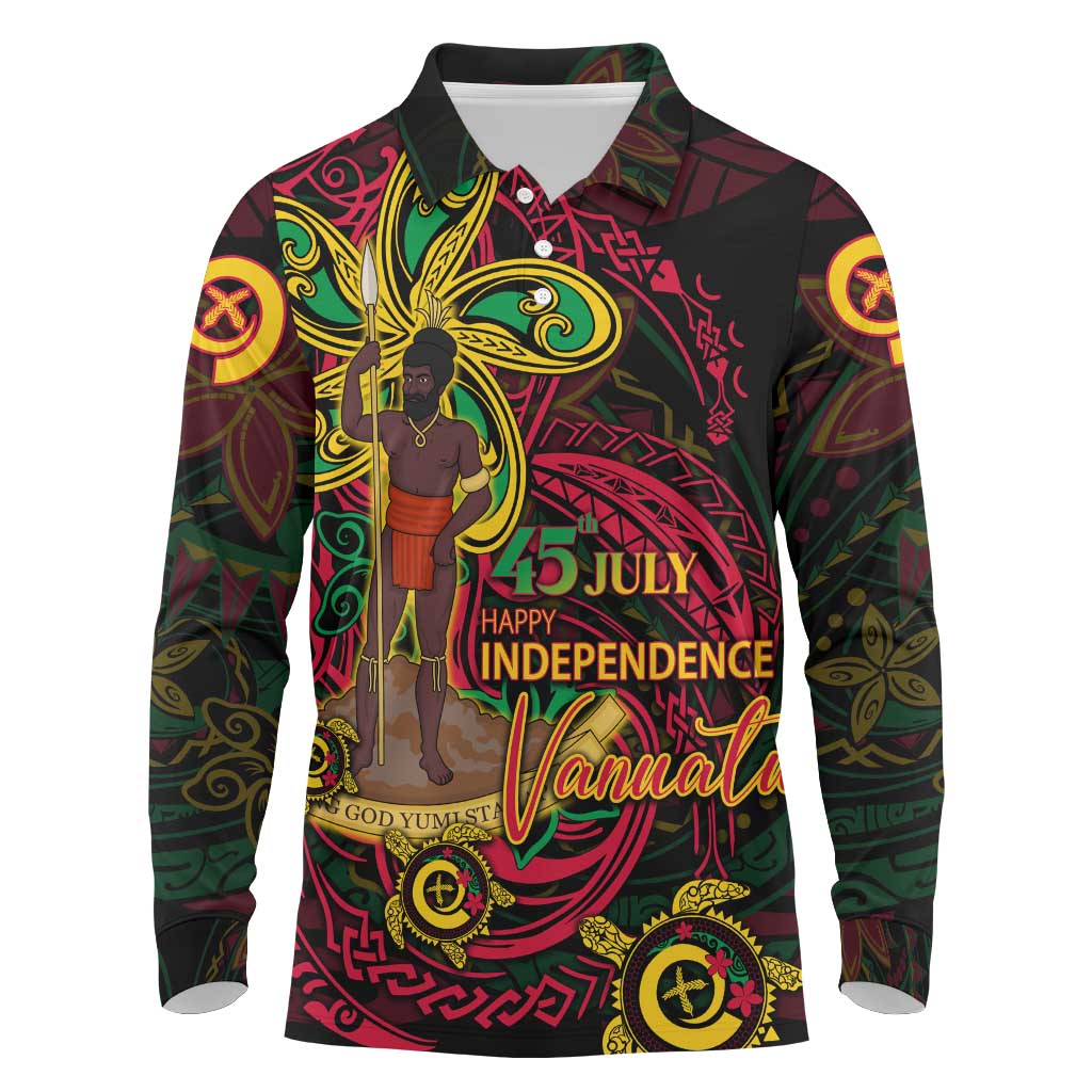 Custom Vanuatu 45th Independence Anniversary Long Sleeve Polo Shirt Flower Melanesian Namele Turtle - Polynesian Pride
