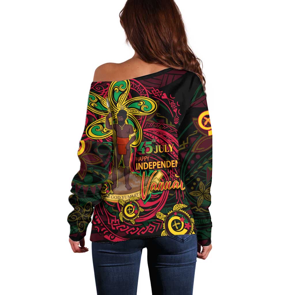 Custom Vanuatu 45th Independence Anniversary Off Shoulder Sweater Flower Melanesian Namele Turtle - Polynesian Pride