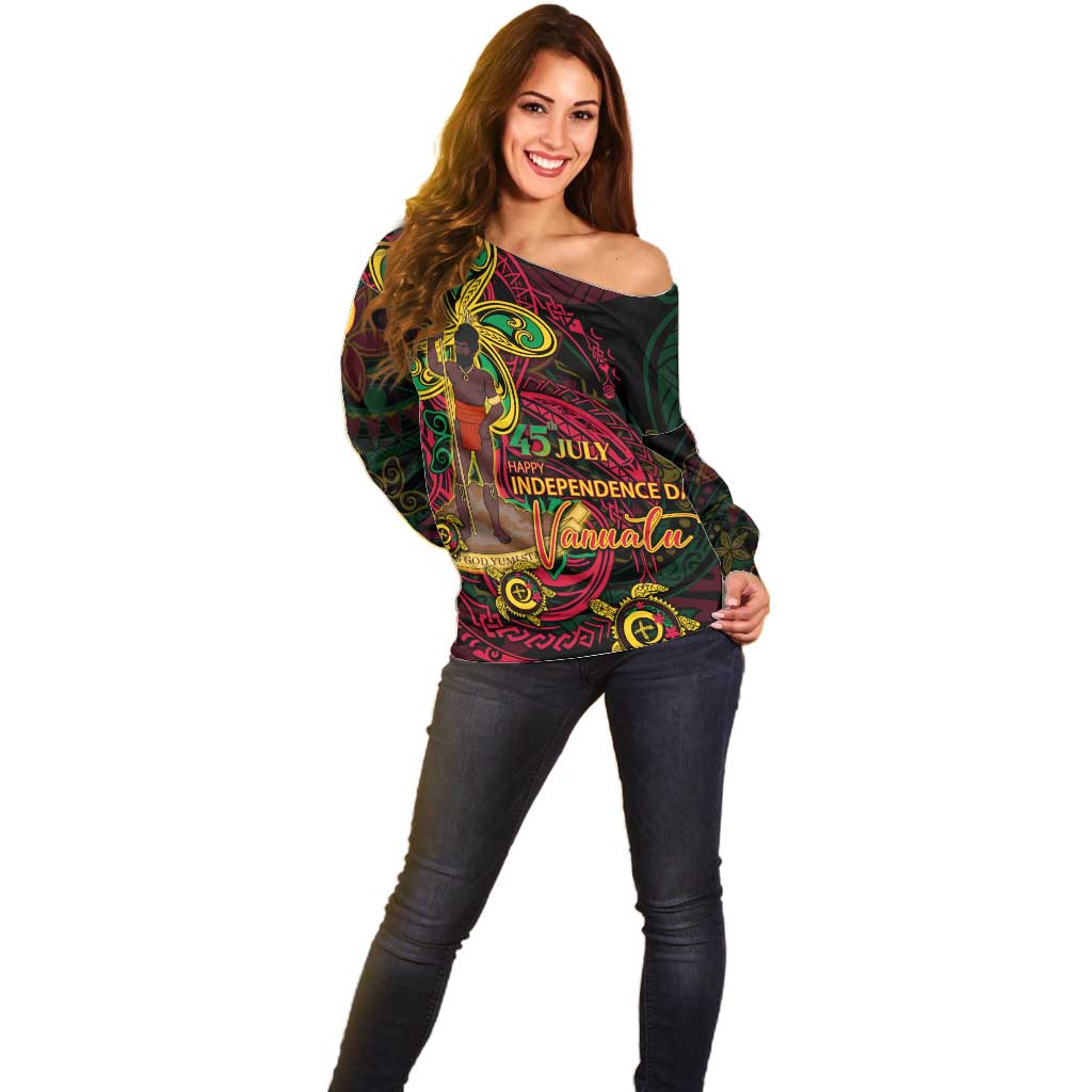Custom Vanuatu 45th Independence Anniversary Off Shoulder Sweater Flower Melanesian Namele Turtle - Polynesian Pride