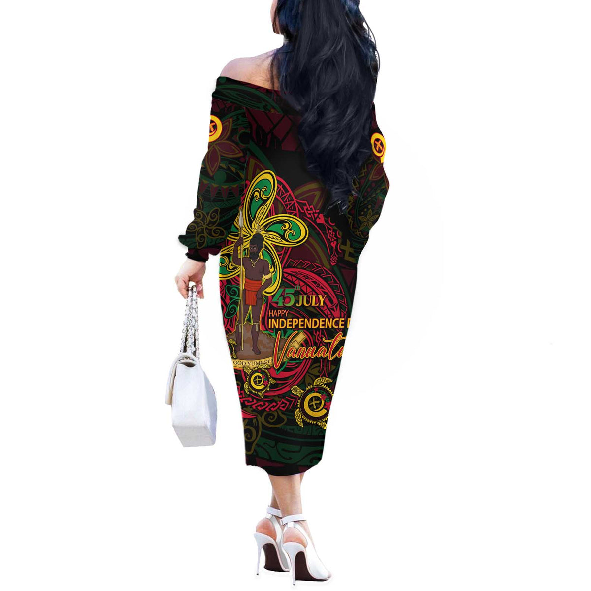 Custom Vanuatu 45th Independence Anniversary Off The Shoulder Long Sleeve Dress Flower Melanesian Namele Turtle - Polynesian Pride