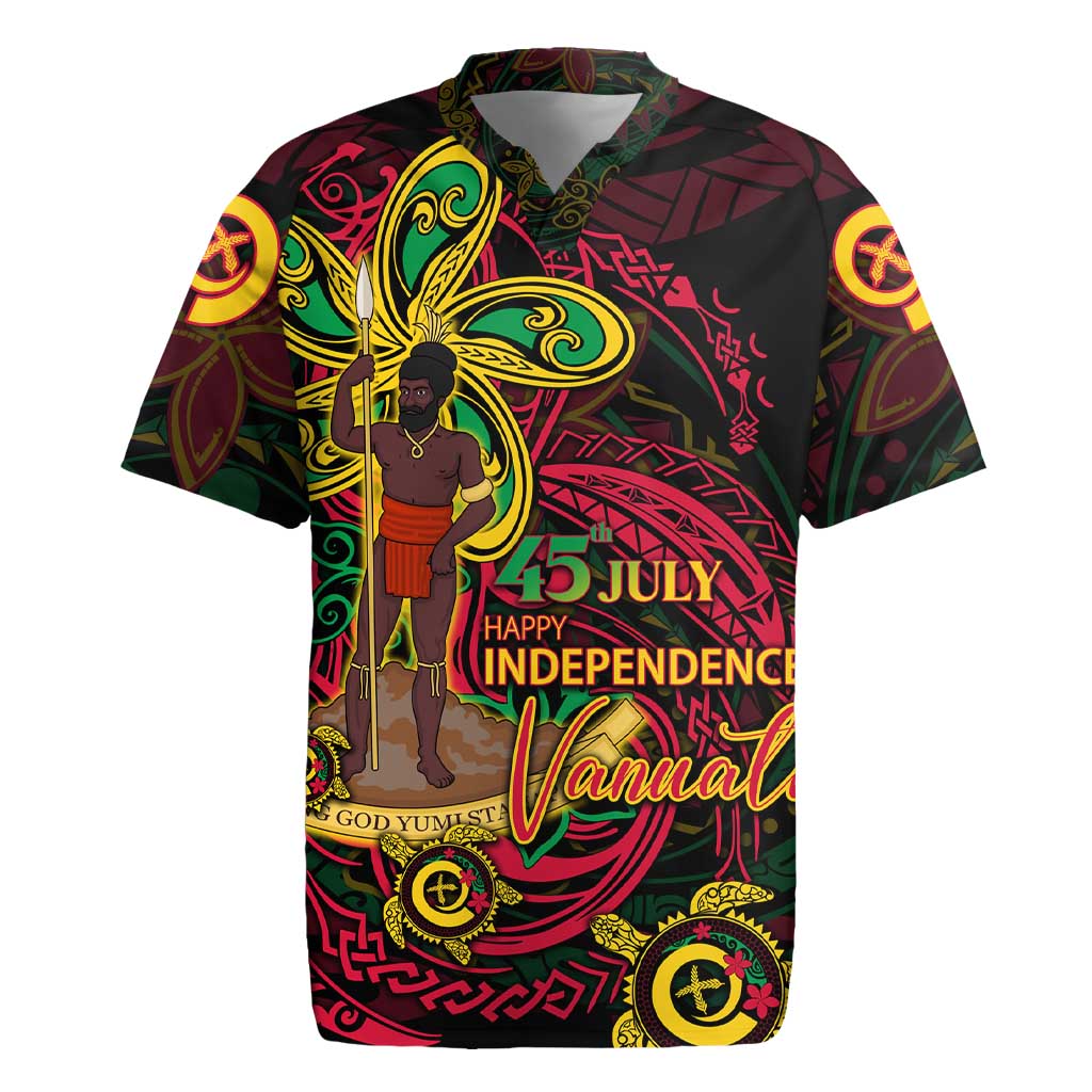 Custom Vanuatu 45th Independence Anniversary Rugby Jersey Flower Melanesian Namele Turtle DT02 Black - Polynesian Pride