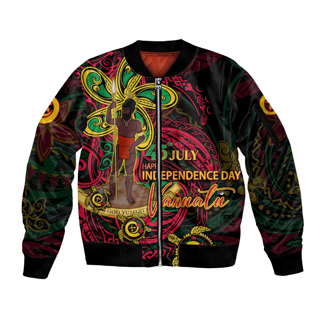Custom Vanuatu 45th Independence Anniversary Sleeve Zip Bomber Jacket Flower Melanesian Namele Turtle - Polynesian Pride