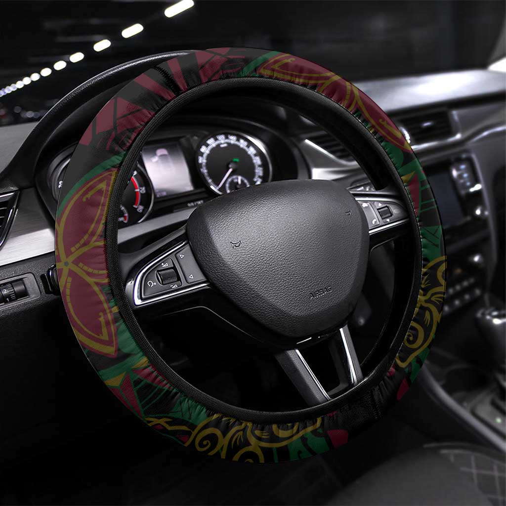 Vanuatu 45th Independence Anniversary Steering Wheel Cover Flower Melanesian Namele Turtle DT02 Universal Fit Black - Polynesian Pride