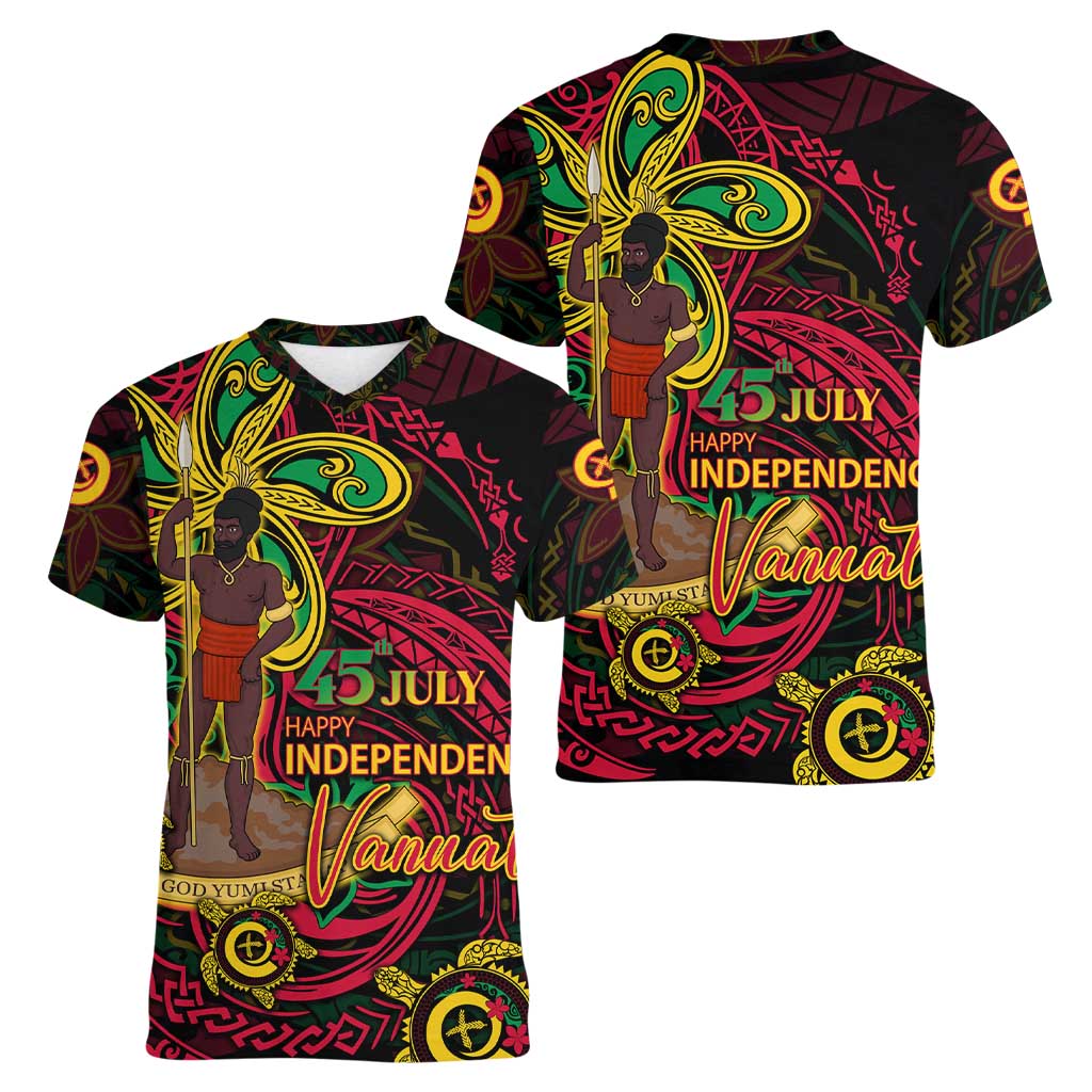 Custom Vanuatu 45th Independence Anniversary Women V-Neck T-Shirt Flower Melanesian Namele Turtle - Polynesian Pride