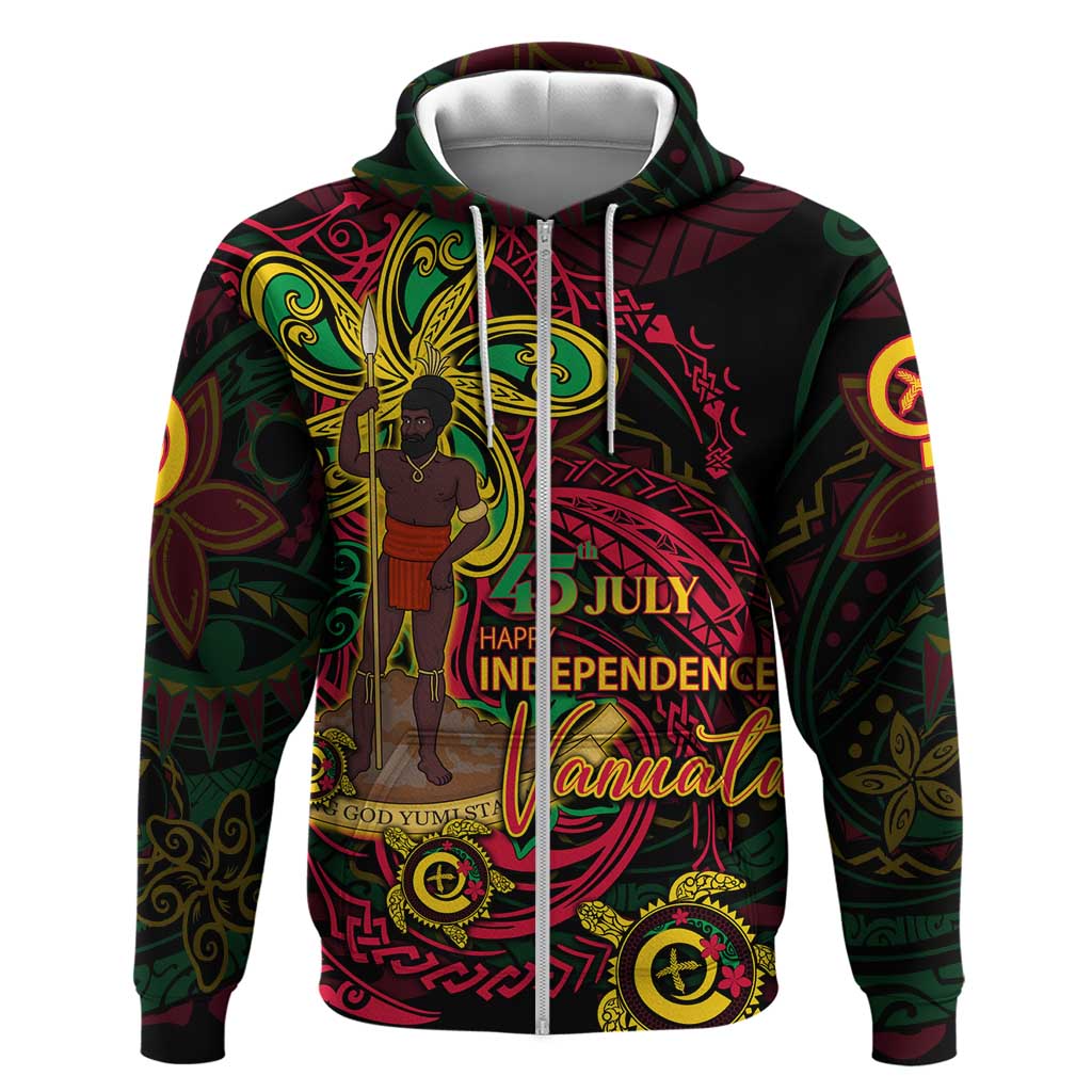 Custom Vanuatu 45th Independence Anniversary Zip Hoodie Flower Melanesian Namele Turtle - Polynesian Pride