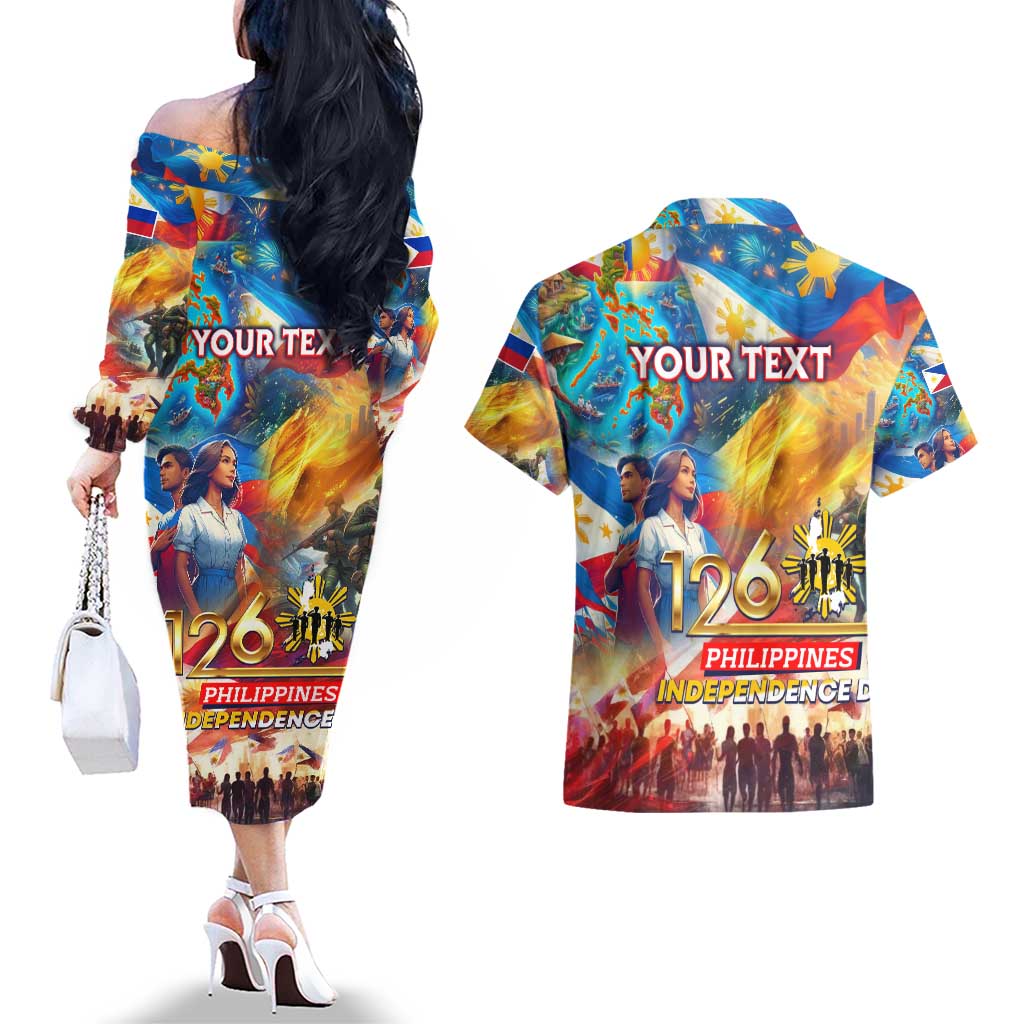 Custom The Philippines 126th Independence Anniversary Couples Matching Off The Shoulder Long Sleeve Dress and Hawaiian Shirt Art Style - Polynesian Pride