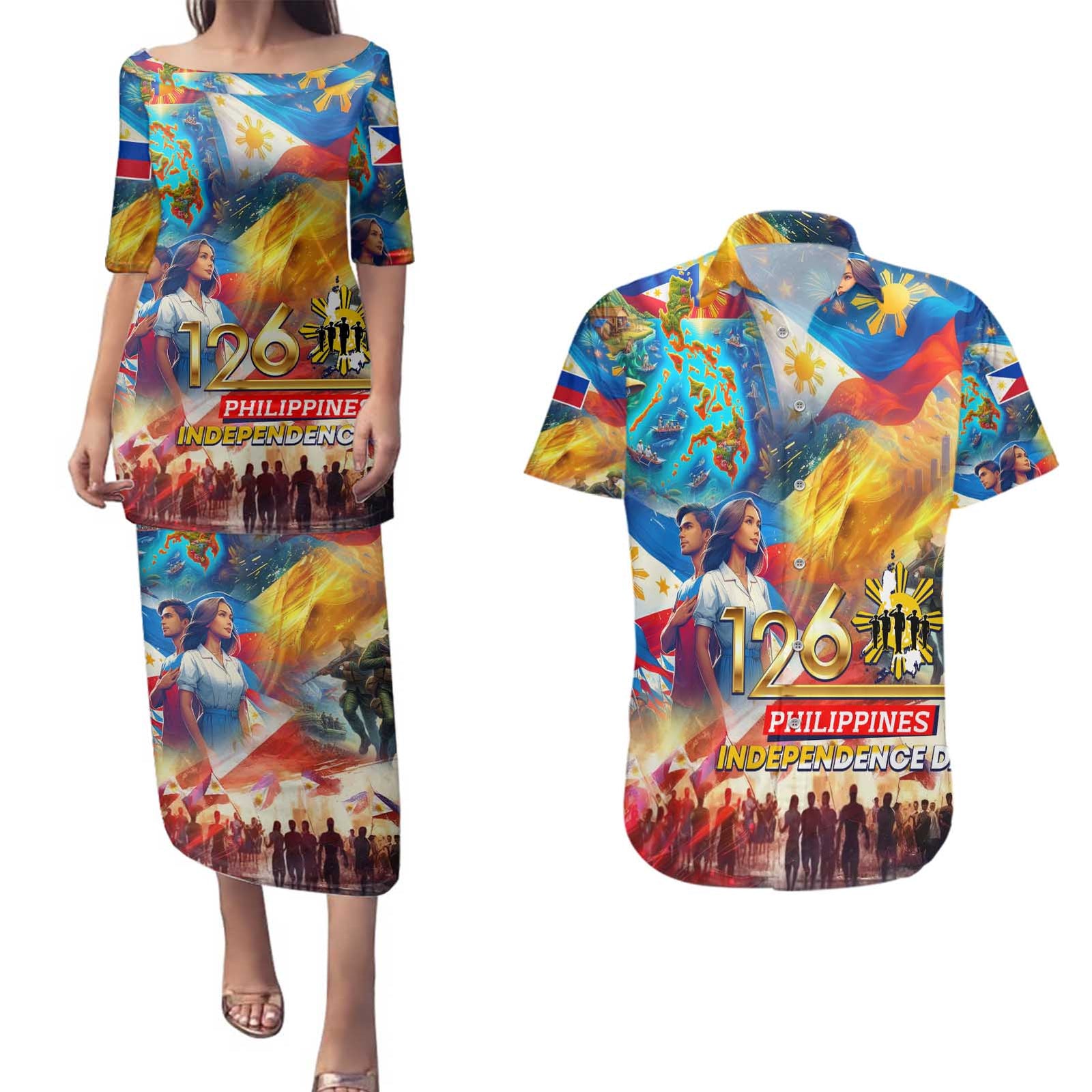 Custom The Philippines 126th Independence Anniversary Couples Matching Puletasi and Hawaiian Shirt Art Style - Polynesian Pride