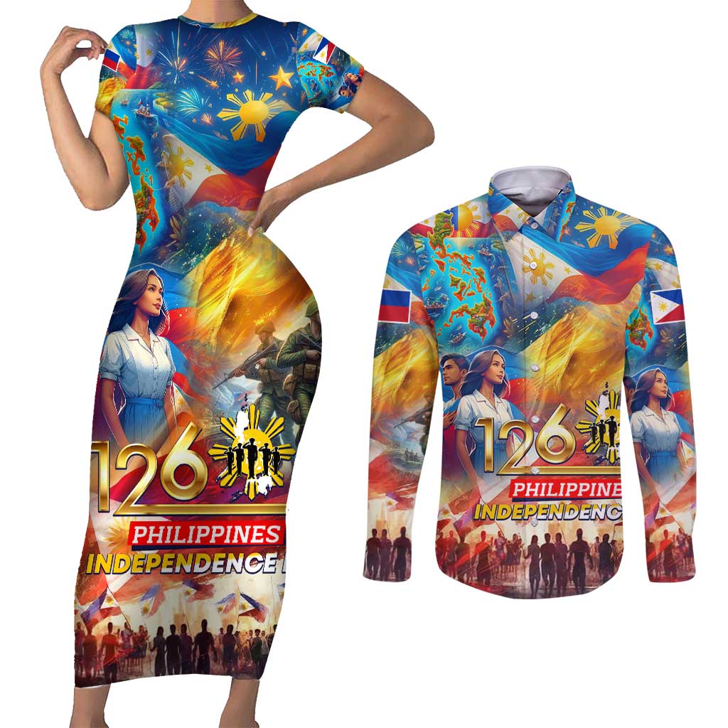 Custom The Philippines 126th Independence Anniversary Couples Matching Short Sleeve Bodycon Dress and Long Sleeve Button Shirt Art Style - Polynesian Pride