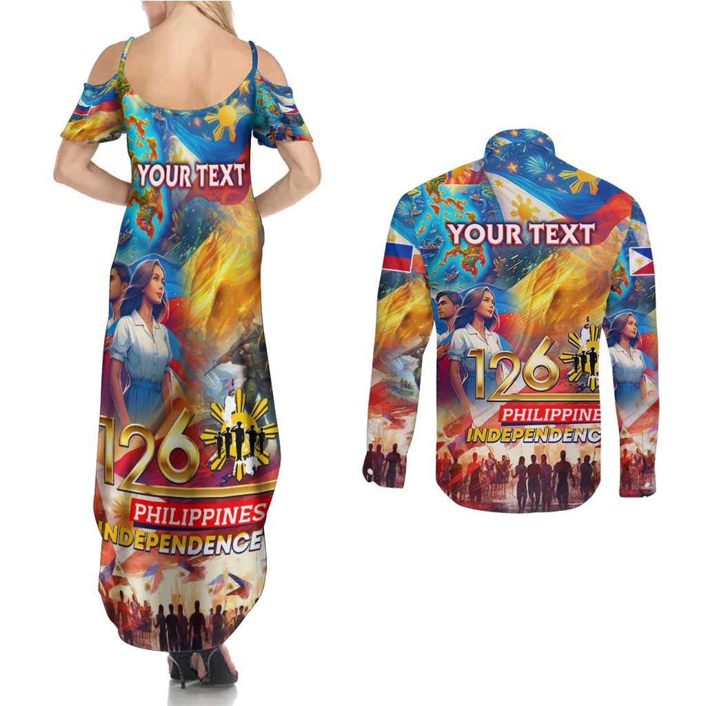 Custom The Philippines 126th Independence Anniversary Couples Matching Summer Maxi Dress and Long Sleeve Button Shirt Art Style - Polynesian Pride