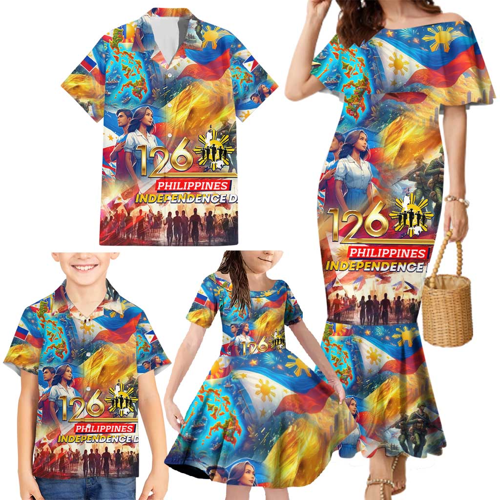 Custom The Philippines 126th Independence Anniversary Family Matching Mermaid Dress and Hawaiian Shirt Art Style - Polynesian Pride