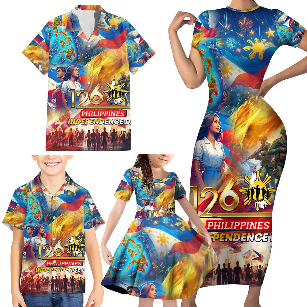 Custom The Philippines 126th Independence Anniversary Family Matching Short Sleeve Bodycon Dress and Hawaiian Shirt Art Style - Polynesian Pride