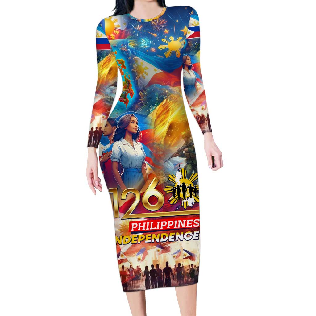 Custom The Philippines 126th Independence Anniversary Long Sleeve Bodycon Dress Art Style - Polynesian Pride