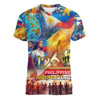 Custom The Philippines 126th Independence Anniversary Women V-Neck T-Shirt Art Style - Polynesian Pride