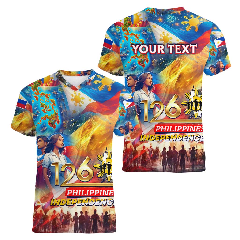 Custom The Philippines 126th Independence Anniversary Women V-Neck T-Shirt Art Style - Polynesian Pride