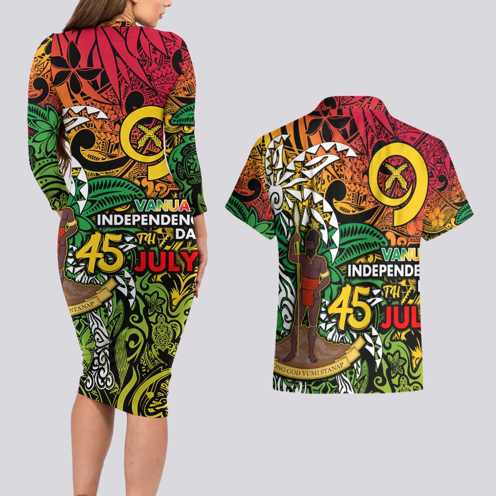 Personalized Vanuatu 45th Independence Anniversary Couples Matching Long Sleeve Bodycon Dress and Hawaiian Shirt Melanesian Pattern Reggae DT02 - Polynesian Pride