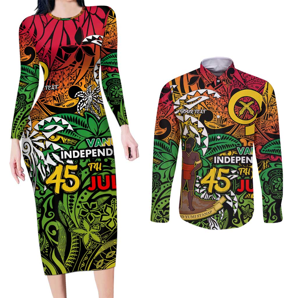 Personalized Vanuatu 45th Independence Anniversary Couples Matching Long Sleeve Bodycon Dress and Long Sleeve Button Shirt Melanesian Pattern Reggae DT02 Art - Polynesian Pride