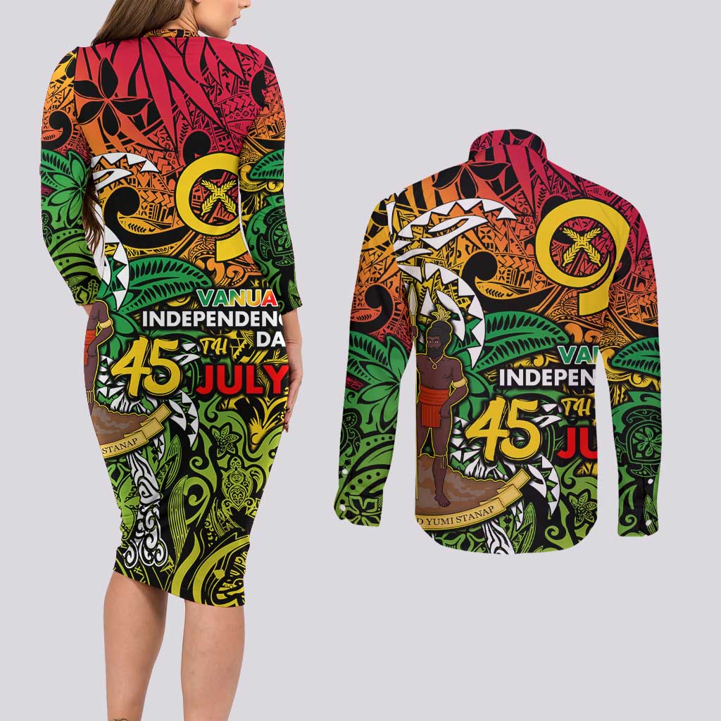 Personalized Vanuatu 45th Independence Anniversary Couples Matching Long Sleeve Bodycon Dress and Long Sleeve Button Shirt Melanesian Pattern Reggae DT02 - Polynesian Pride