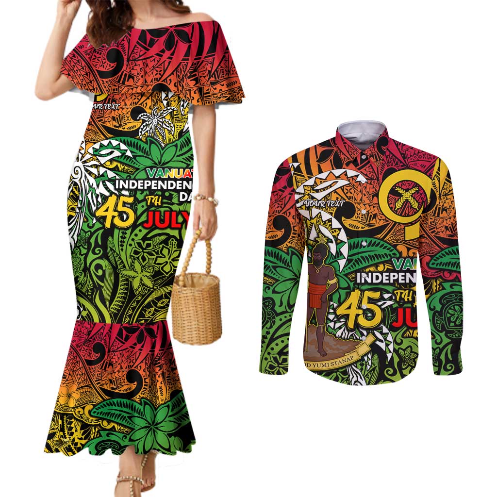 Personalized Vanuatu 45th Independence Anniversary Couples Matching Mermaid Dress and Long Sleeve Button Shirt Melanesian Pattern Reggae DT02 Art - Polynesian Pride