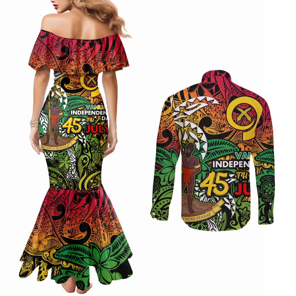 Personalized Vanuatu 45th Independence Anniversary Couples Matching Mermaid Dress and Long Sleeve Button Shirt Melanesian Pattern Reggae DT02 - Polynesian Pride