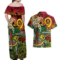 Personalized Vanuatu 45th Independence Anniversary Couples Matching Off Shoulder Maxi Dress and Hawaiian Shirt Melanesian Pattern Reggae DT02 - Polynesian Pride