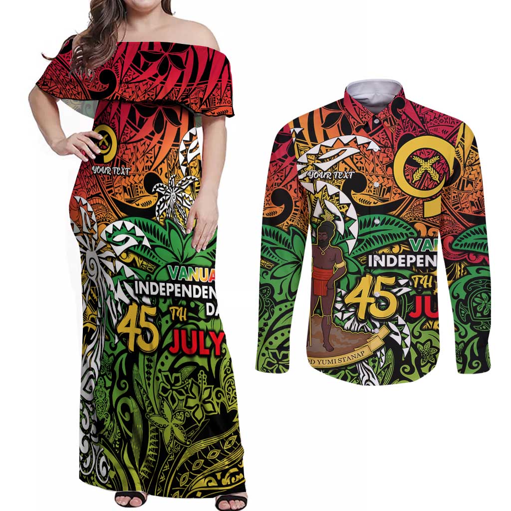Personalized Vanuatu 45th Independence Anniversary Couples Matching Off Shoulder Maxi Dress and Long Sleeve Button Shirt Melanesian Pattern Reggae DT02 Art - Polynesian Pride