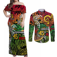 Personalized Vanuatu 45th Independence Anniversary Couples Matching Off Shoulder Maxi Dress and Long Sleeve Button Shirt Melanesian Pattern Reggae DT02 Art - Polynesian Pride