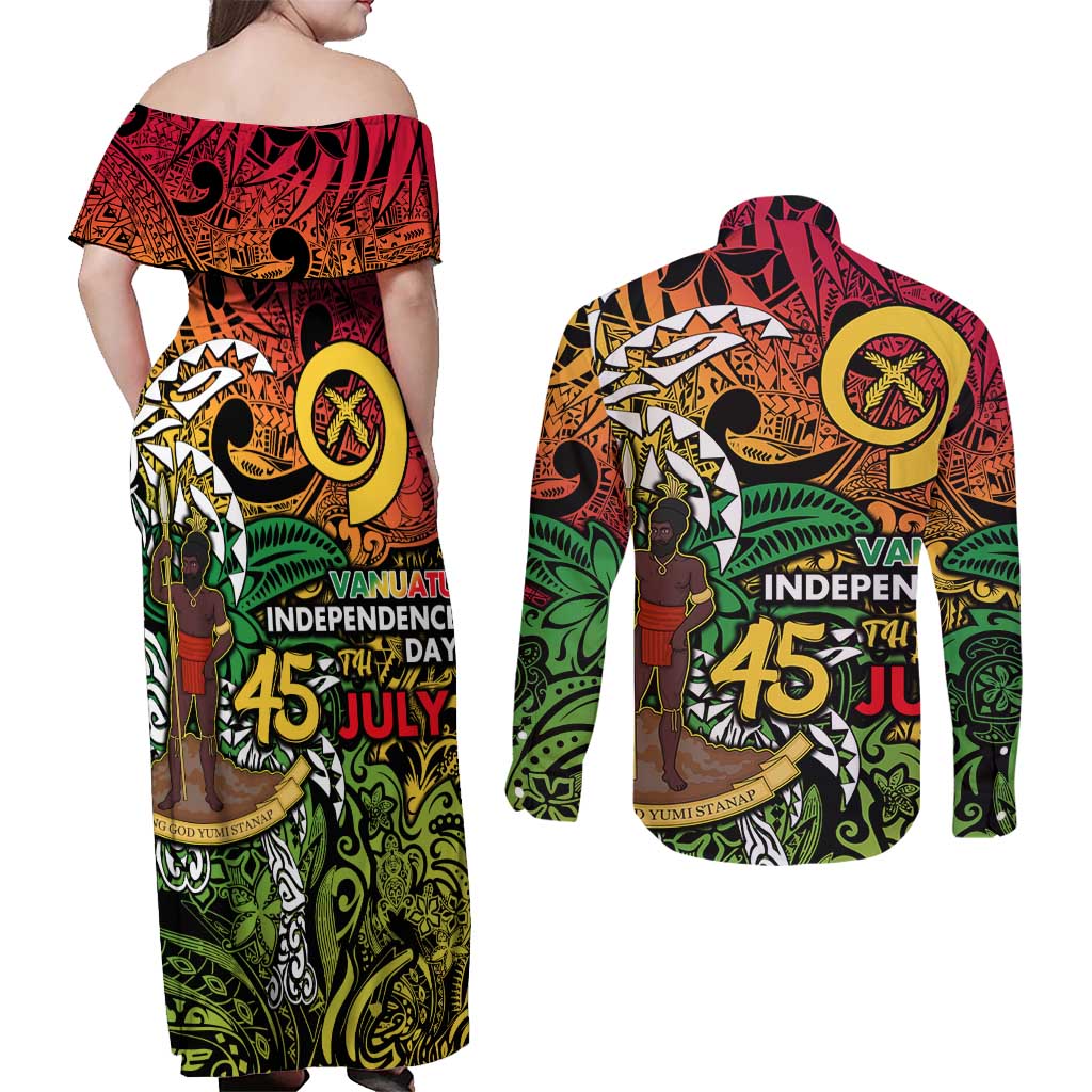 Personalized Vanuatu 45th Independence Anniversary Couples Matching Off Shoulder Maxi Dress and Long Sleeve Button Shirt Melanesian Pattern Reggae DT02 - Polynesian Pride