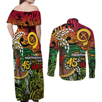 Personalized Vanuatu 45th Independence Anniversary Couples Matching Off Shoulder Maxi Dress and Long Sleeve Button Shirt Melanesian Pattern Reggae DT02 - Polynesian Pride