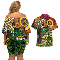 Personalized Vanuatu 45th Independence Anniversary Couples Matching Off Shoulder Short Dress and Hawaiian Shirt Melanesian Pattern Reggae DT02 - Polynesian Pride