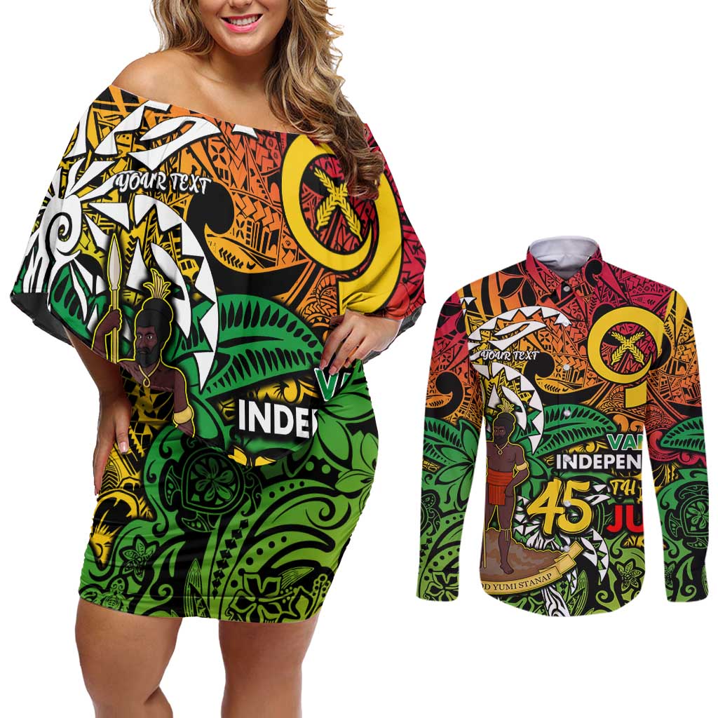 Personalized Vanuatu 45th Independence Anniversary Couples Matching Off Shoulder Short Dress and Long Sleeve Button Shirt Melanesian Pattern Reggae DT02 Art - Polynesian Pride