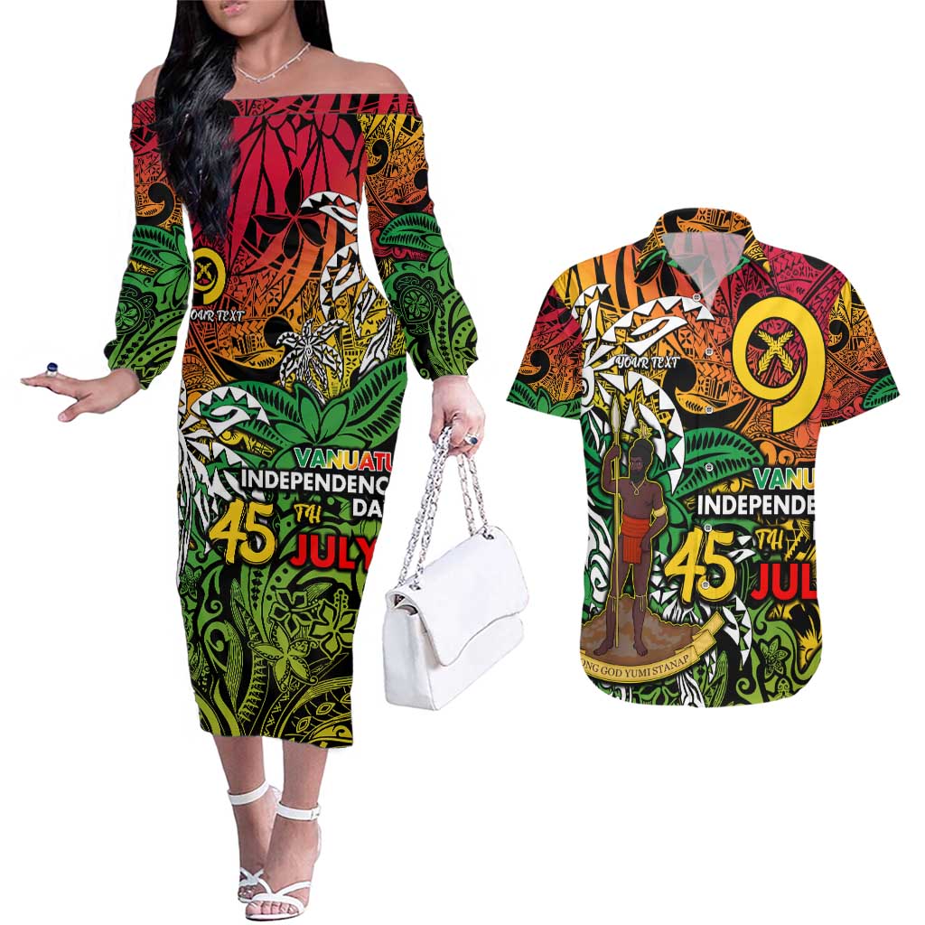 Personalized Vanuatu 45th Independence Anniversary Couples Matching Off The Shoulder Long Sleeve Dress and Hawaiian Shirt Melanesian Pattern Reggae DT02 Art - Polynesian Pride