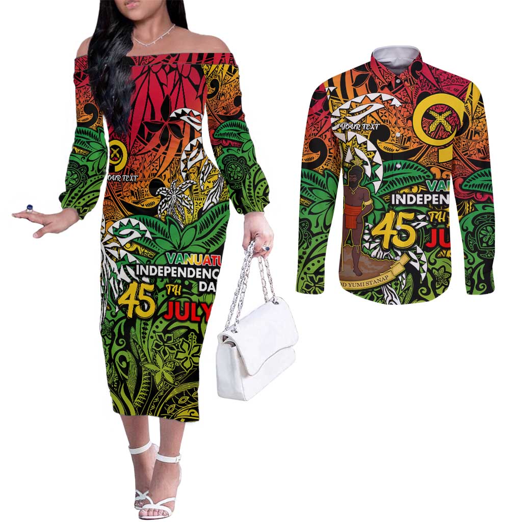 Personalized Vanuatu 45th Independence Anniversary Couples Matching Off The Shoulder Long Sleeve Dress and Long Sleeve Button Shirt Melanesian Pattern Reggae DT02 Art - Polynesian Pride