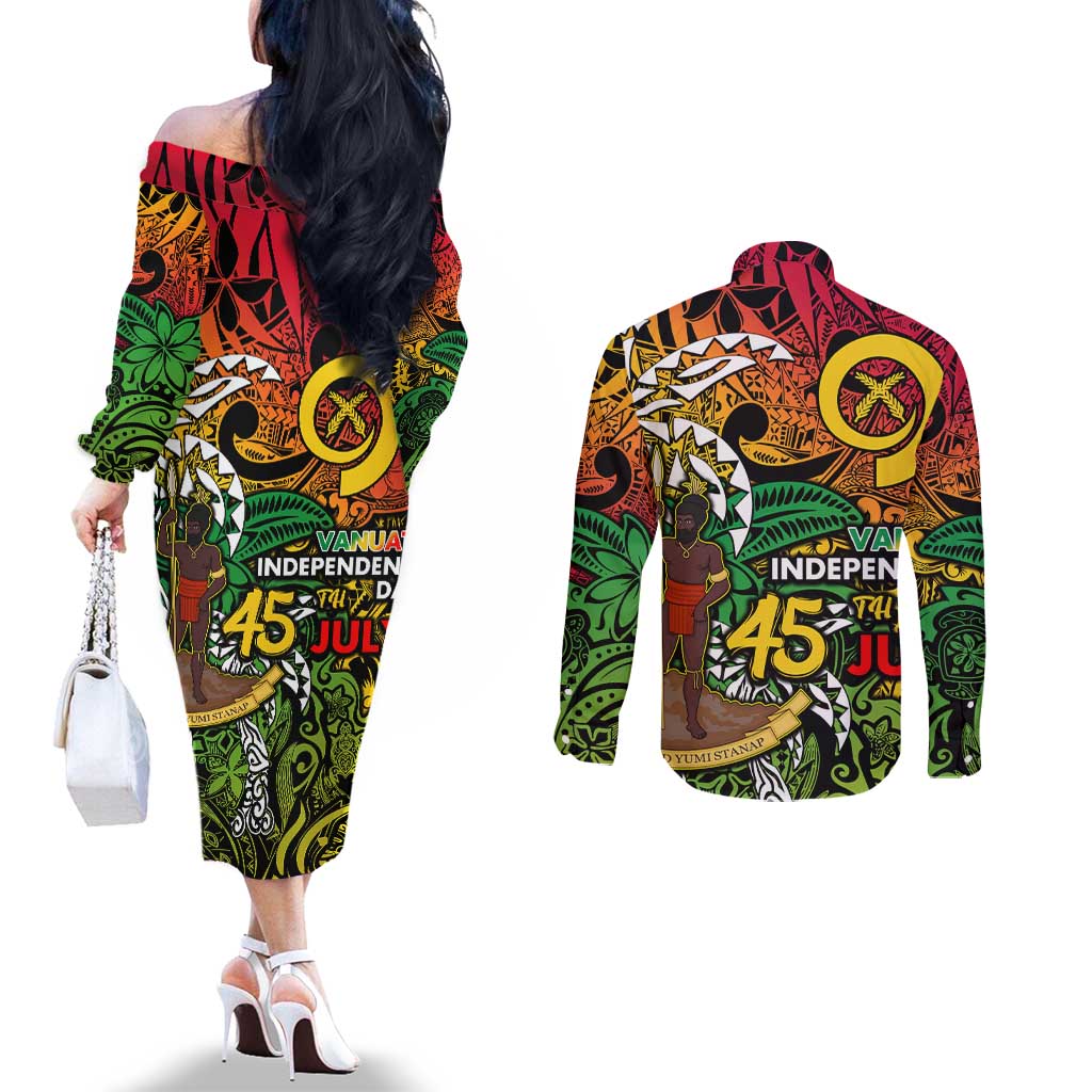 Personalized Vanuatu 45th Independence Anniversary Couples Matching Off The Shoulder Long Sleeve Dress and Long Sleeve Button Shirt Melanesian Pattern Reggae DT02 - Polynesian Pride