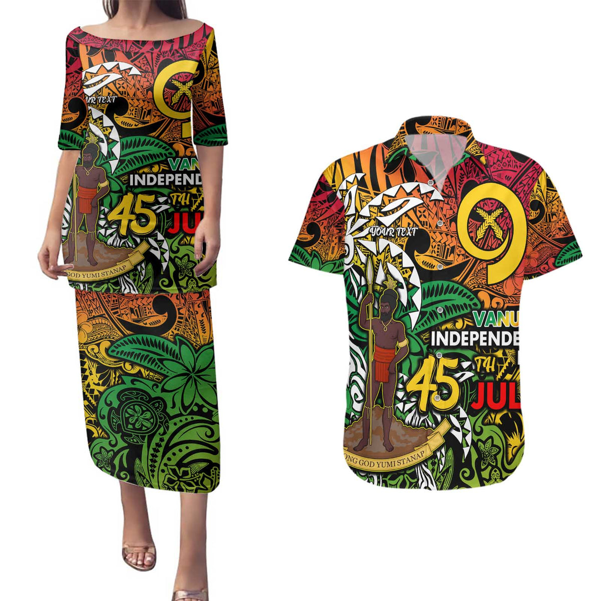 Personalized Vanuatu 45th Independence Anniversary Couples Matching Puletasi and Hawaiian Shirt Melanesian Pattern Reggae DT02 Art - Polynesian Pride