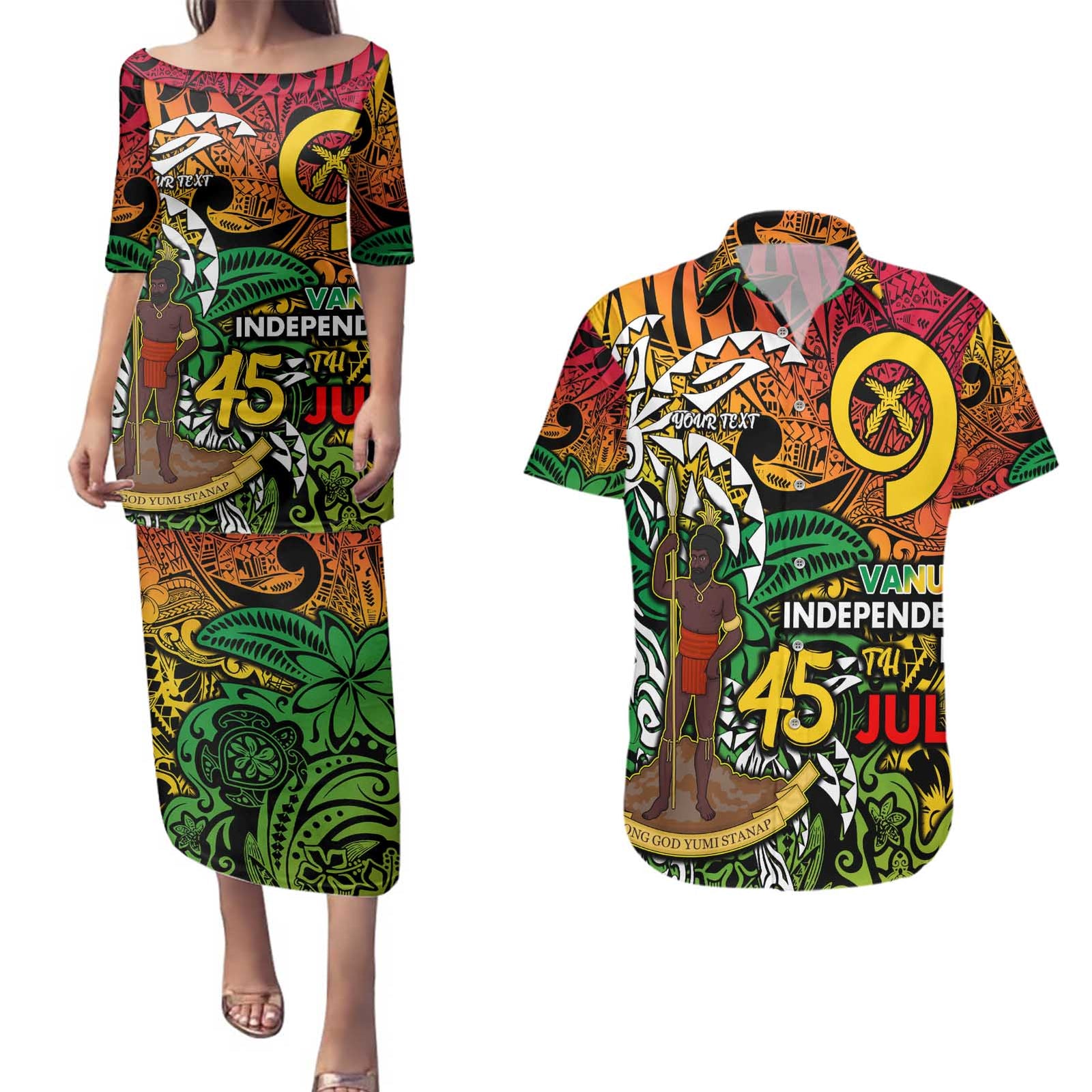 Personalized Vanuatu 45th Independence Anniversary Couples Matching Puletasi and Hawaiian Shirt Melanesian Pattern Reggae DT02 Art - Polynesian Pride