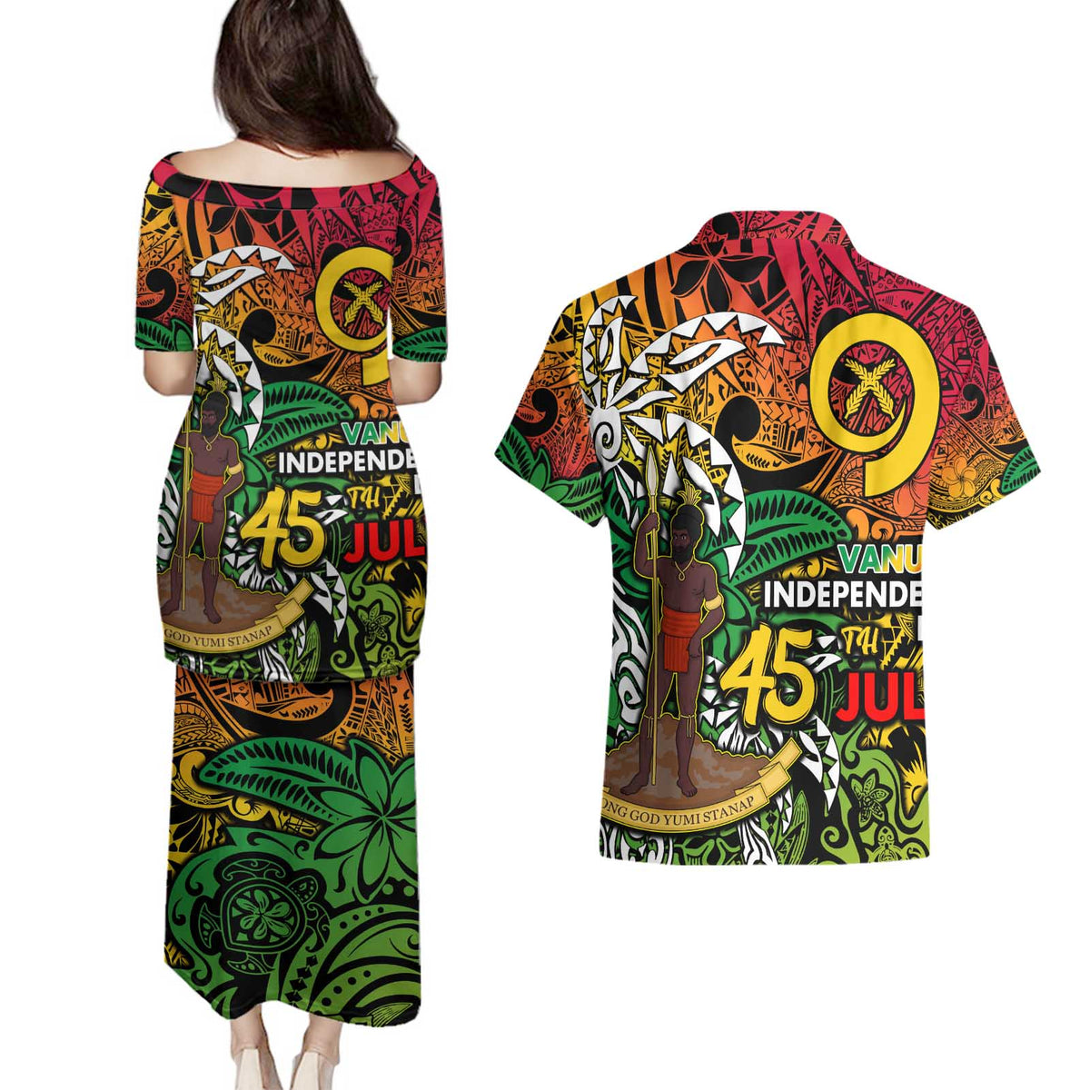 Personalized Vanuatu 45th Independence Anniversary Couples Matching Puletasi and Hawaiian Shirt Melanesian Pattern Reggae DT02 - Polynesian Pride