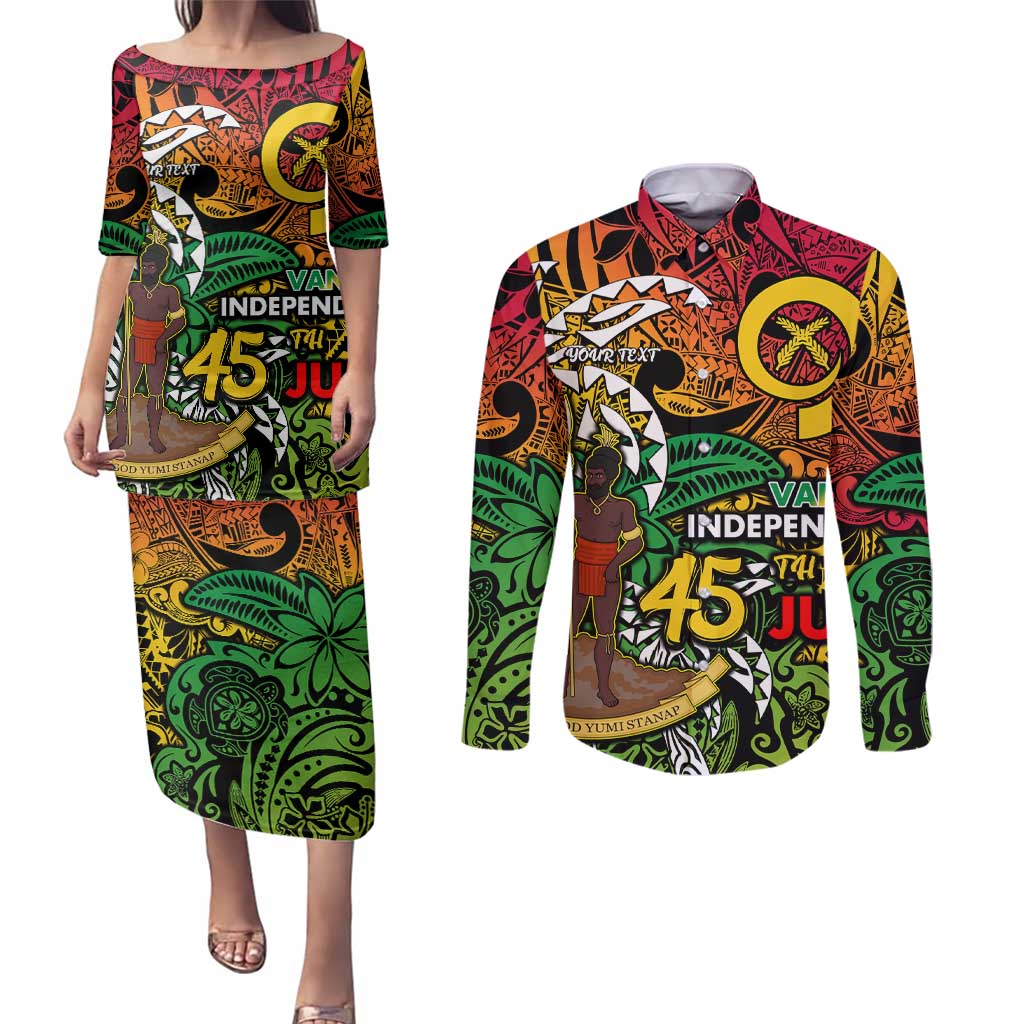 Personalized Vanuatu 45th Independence Anniversary Couples Matching Puletasi and Long Sleeve Button Shirt Melanesian Pattern Reggae DT02 Art - Polynesian Pride