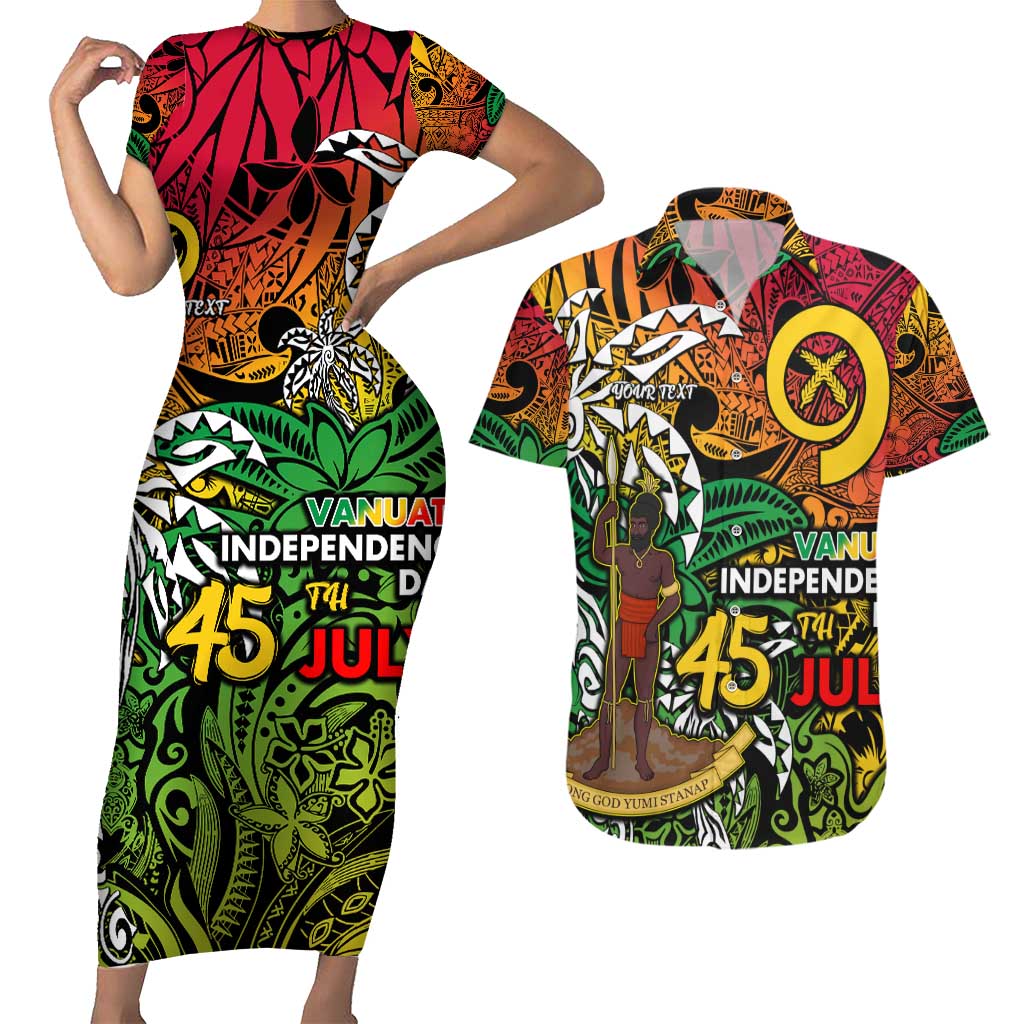 Personalized Vanuatu 45th Independence Anniversary Couples Matching Short Sleeve Bodycon Dress and Hawaiian Shirt Melanesian Pattern Reggae DT02 Art - Polynesian Pride